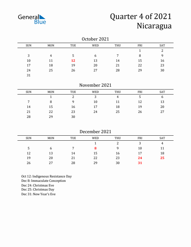 Quarter 4 2021 Nicaragua Quarterly Calendar