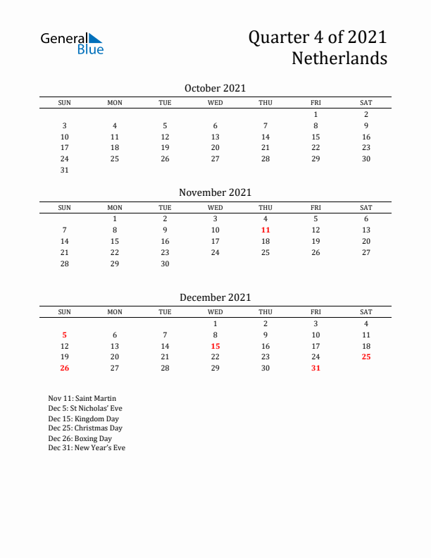 Quarter 4 2021 The Netherlands Quarterly Calendar