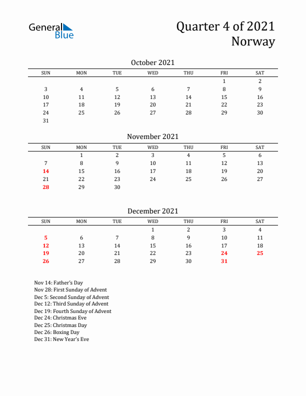 Quarter 4 2021 Norway Quarterly Calendar