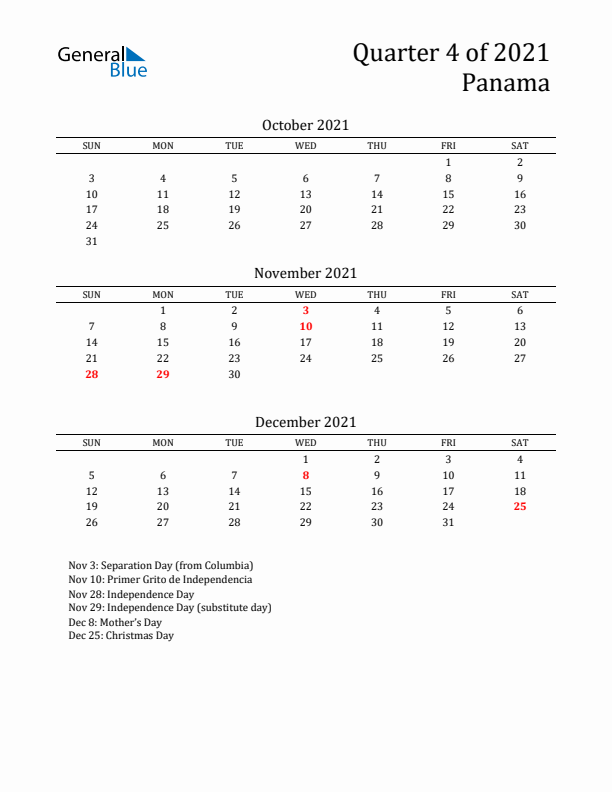 Quarter 4 2021 Panama Quarterly Calendar