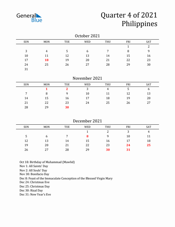 Quarter 4 2021 Philippines Quarterly Calendar