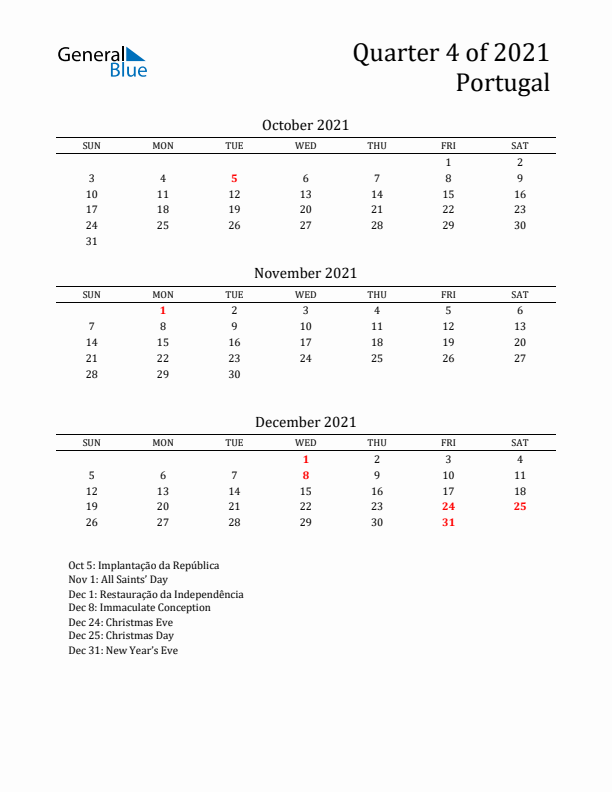 Quarter 4 2021 Portugal Quarterly Calendar