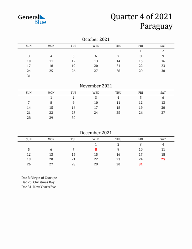 Quarter 4 2021 Paraguay Quarterly Calendar