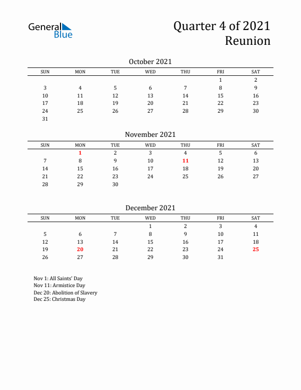 Quarter 4 2021 Reunion Quarterly Calendar