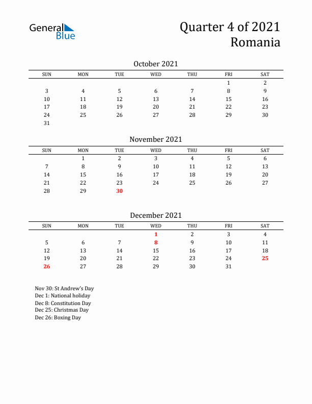 Quarter 4 2021 Romania Quarterly Calendar