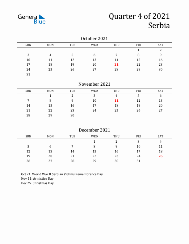 Quarter 4 2021 Serbia Quarterly Calendar