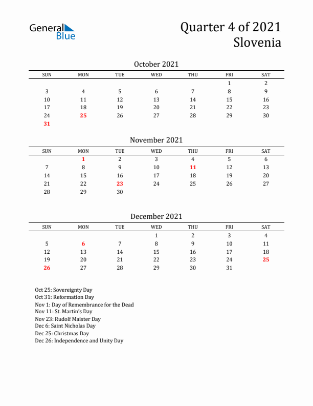 Quarter 4 2021 Slovenia Quarterly Calendar