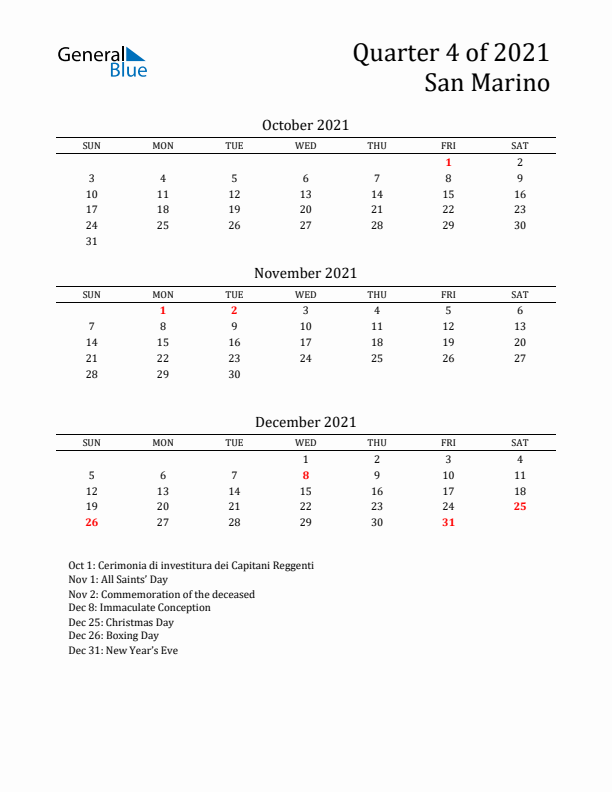 Quarter 4 2021 San Marino Quarterly Calendar