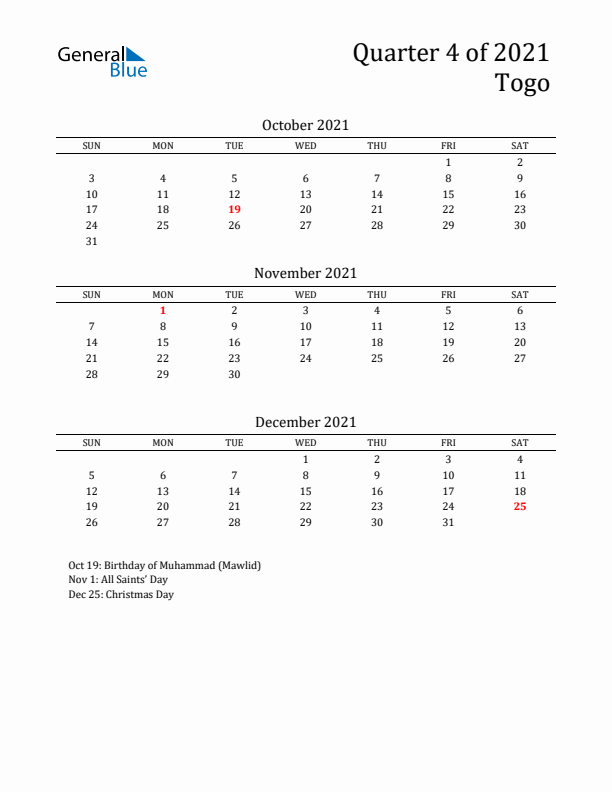 Quarter 4 2021 Togo Quarterly Calendar