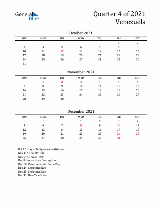 Quarter 4 2021 Venezuela Quarterly Calendar