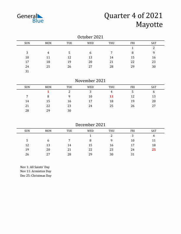 Quarter 4 2021 Mayotte Quarterly Calendar