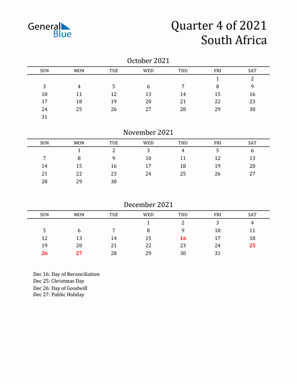 Quarter 4 2021 South Africa Quarterly Calendar