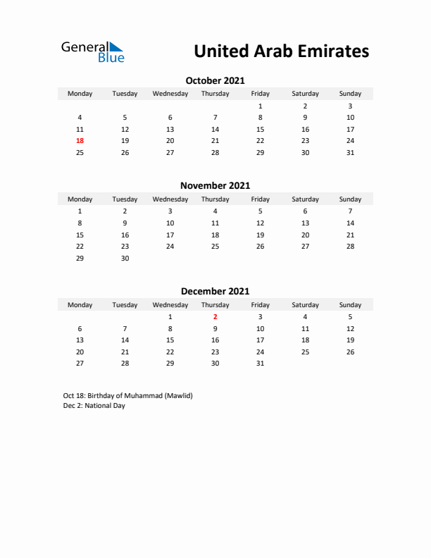 Printable Quarterly Calendar with Notes and United Arab Emirates Holidays- Q4 of 2021