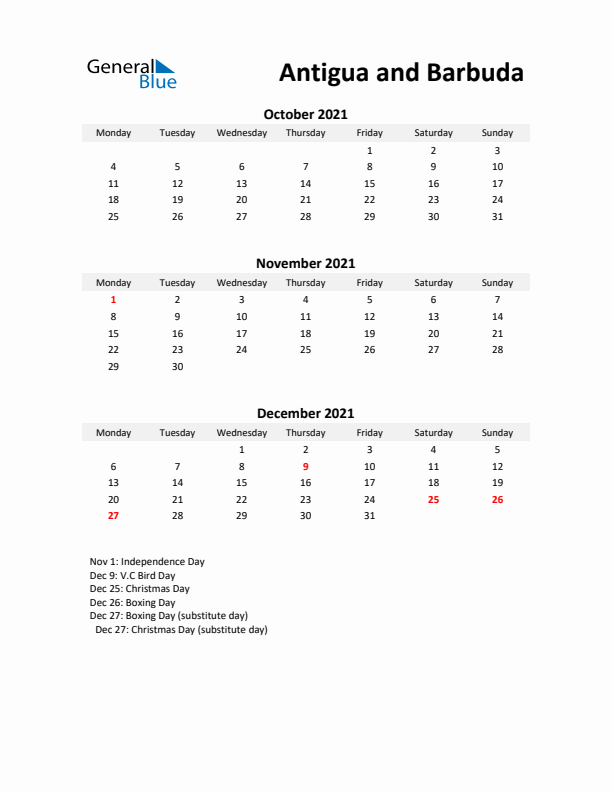 Printable Quarterly Calendar with Notes and Antigua and Barbuda Holidays- Q4 of 2021