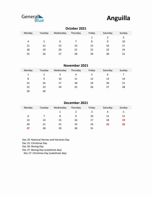 Printable Quarterly Calendar with Notes and Anguilla Holidays- Q4 of 2021