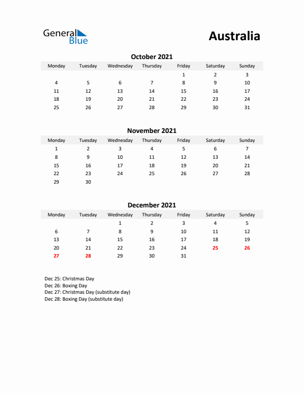 Printable Quarterly Calendar with Notes and Australia Holidays- Q4 of 2021