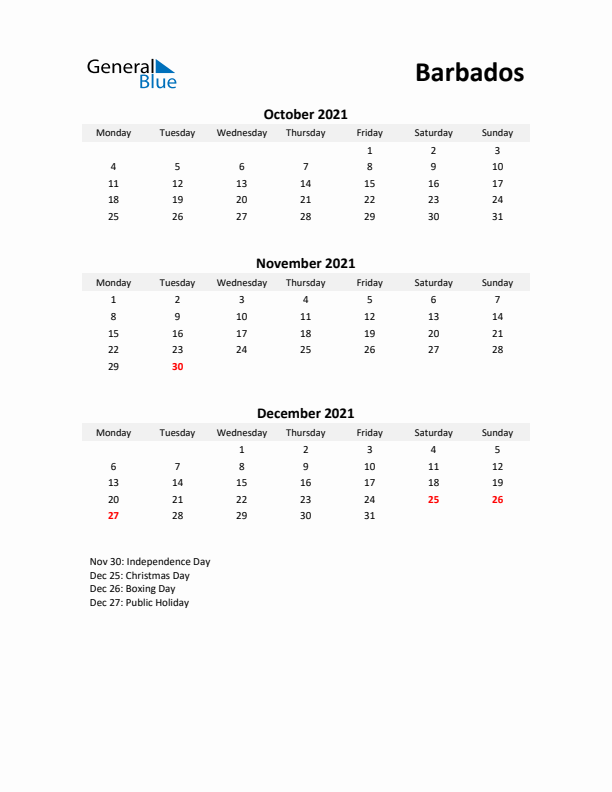 Printable Quarterly Calendar with Notes and Barbados Holidays- Q4 of 2021