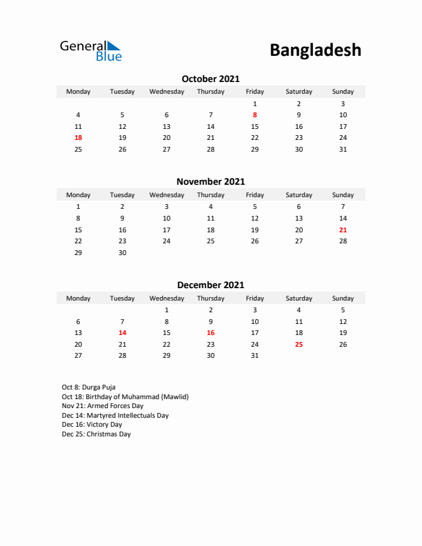 Printable Quarterly Calendar with Notes and Bangladesh Holidays- Q4 of 2021