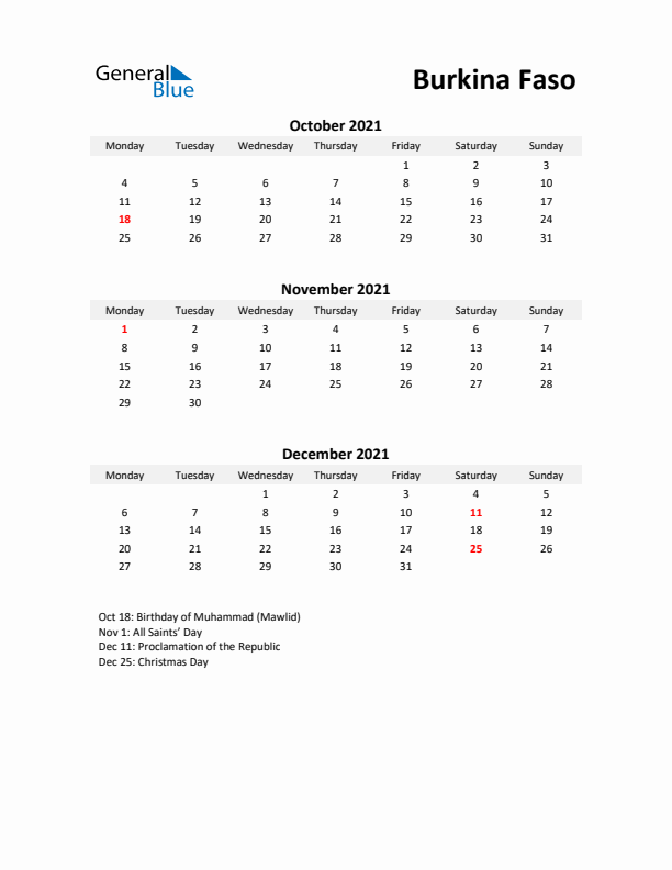 Printable Quarterly Calendar with Notes and Burkina Faso Holidays- Q4 of 2021