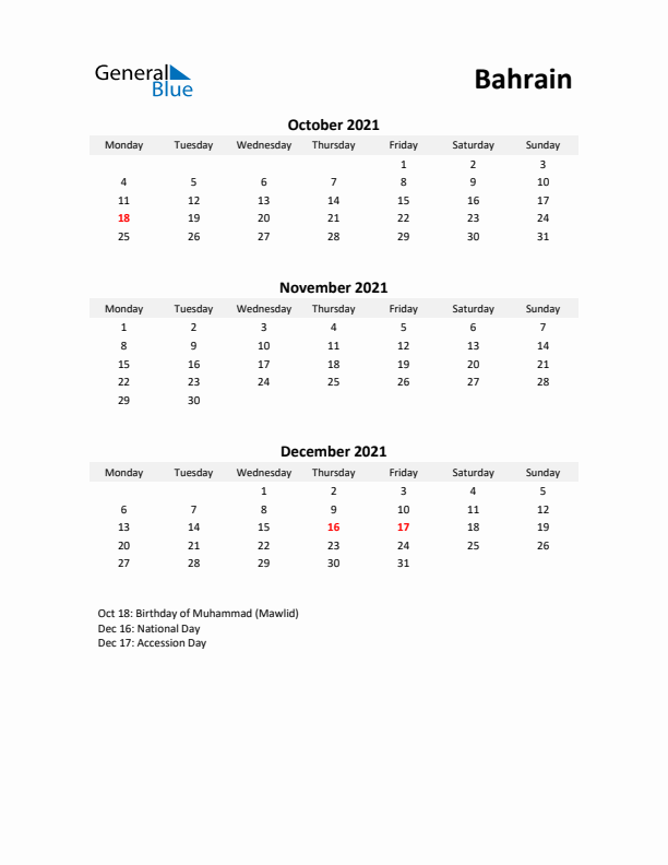 Printable Quarterly Calendar with Notes and Bahrain Holidays- Q4 of 2021