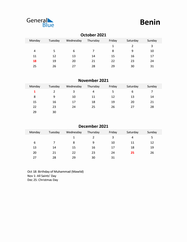 Printable Quarterly Calendar with Notes and Benin Holidays- Q4 of 2021