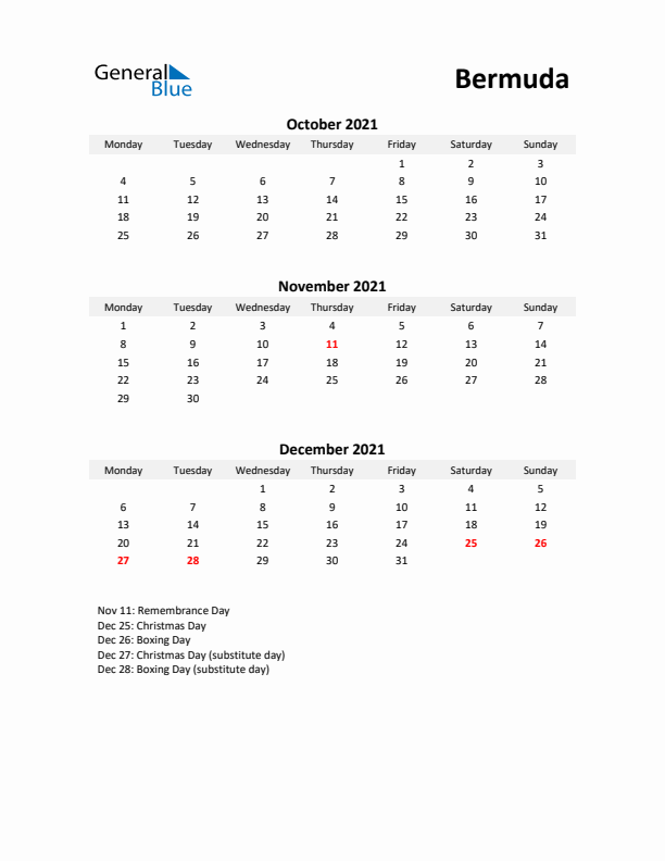 Printable Quarterly Calendar with Notes and Bermuda Holidays- Q4 of 2021