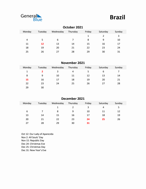 Printable Quarterly Calendar with Notes and Brazil Holidays- Q4 of 2021