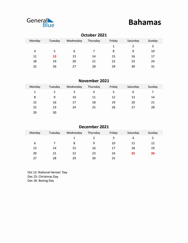 Printable Quarterly Calendar with Notes and Bahamas Holidays- Q4 of 2021