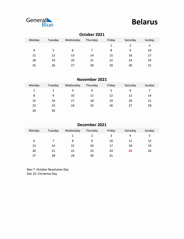 Printable Quarterly Calendar with Notes and Belarus Holidays- Q4 of 2021