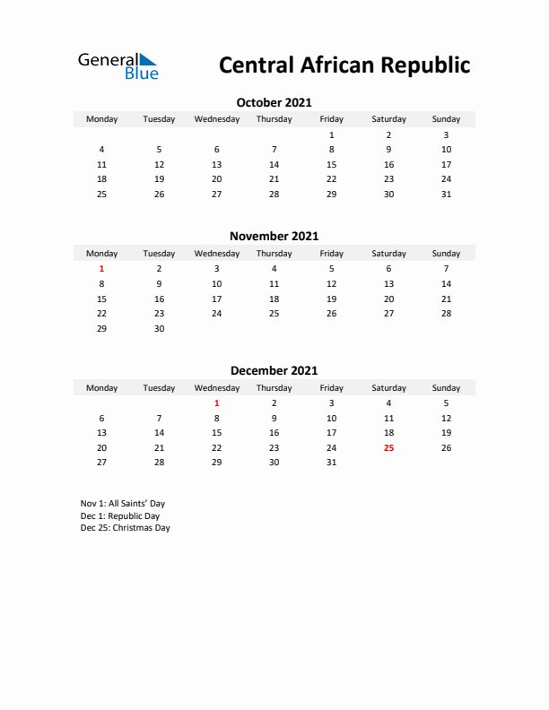 Printable Quarterly Calendar with Notes and Central African Republic Holidays- Q4 of 2021