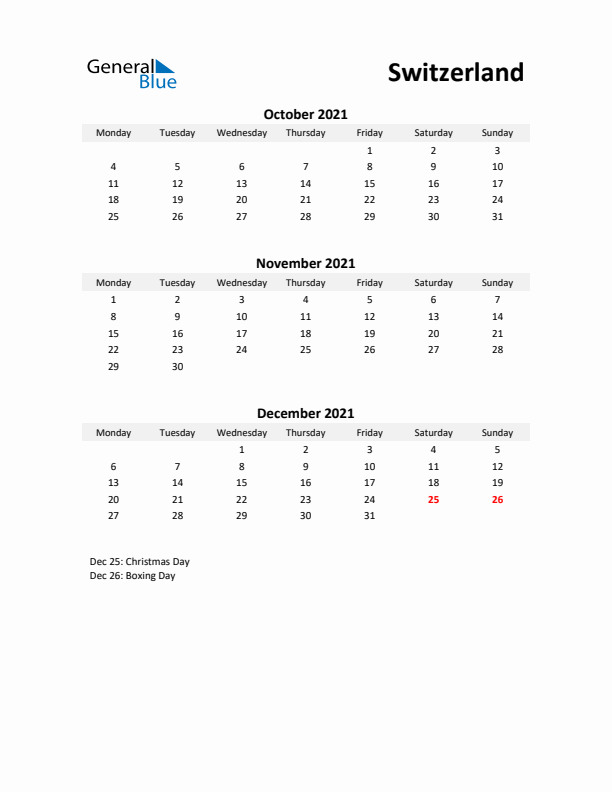 Printable Quarterly Calendar with Notes and Switzerland Holidays- Q4 of 2021