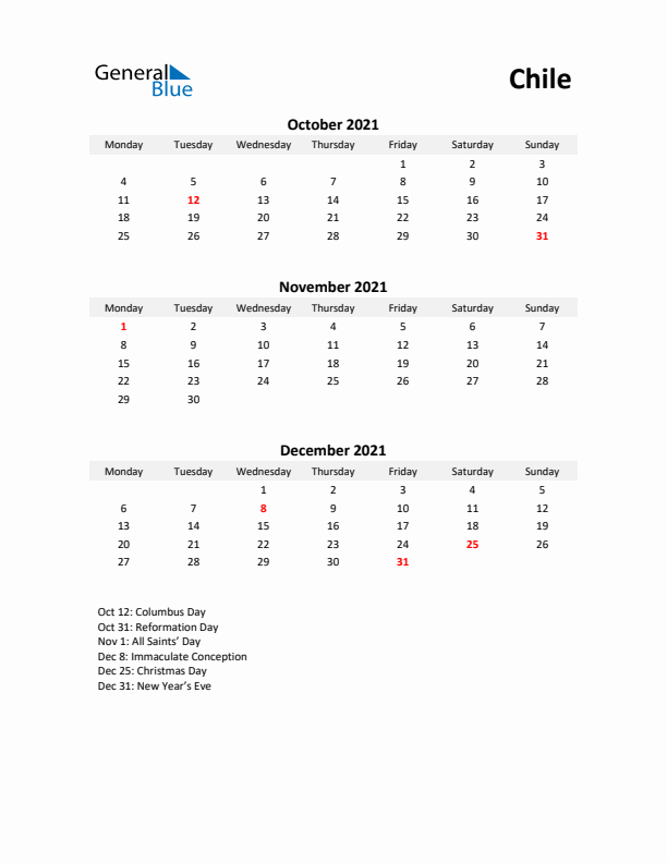 Printable Quarterly Calendar with Notes and Chile Holidays- Q4 of 2021