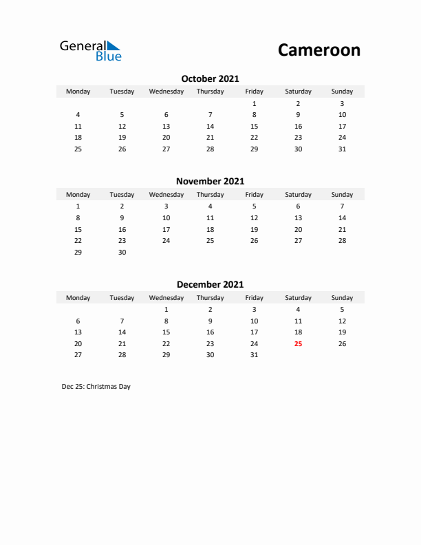 Printable Quarterly Calendar with Notes and Cameroon Holidays- Q4 of 2021