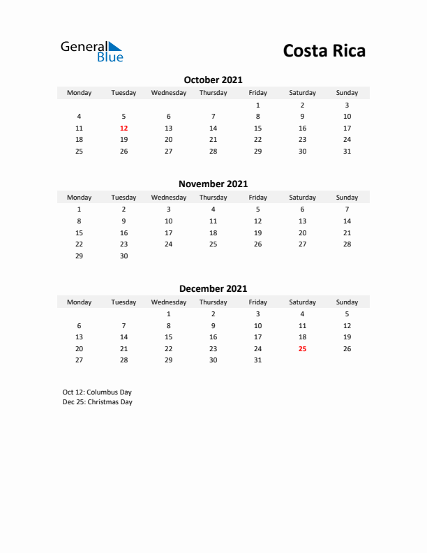 Printable Quarterly Calendar with Notes and Costa Rica Holidays- Q4 of 2021