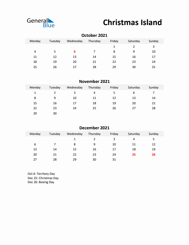 Printable Quarterly Calendar with Notes and Christmas Island Holidays- Q4 of 2021