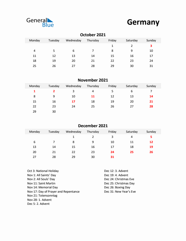 Printable Quarterly Calendar with Notes and Germany Holidays- Q4 of 2021