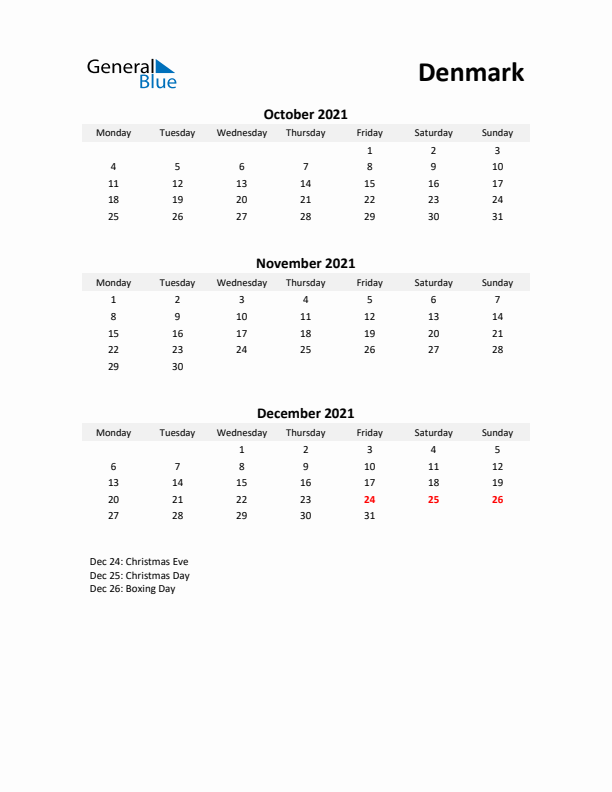 Printable Quarterly Calendar with Notes and Denmark Holidays- Q4 of 2021