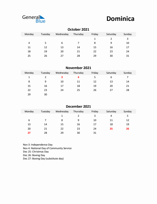 Printable Quarterly Calendar with Notes and Dominica Holidays- Q4 of 2021