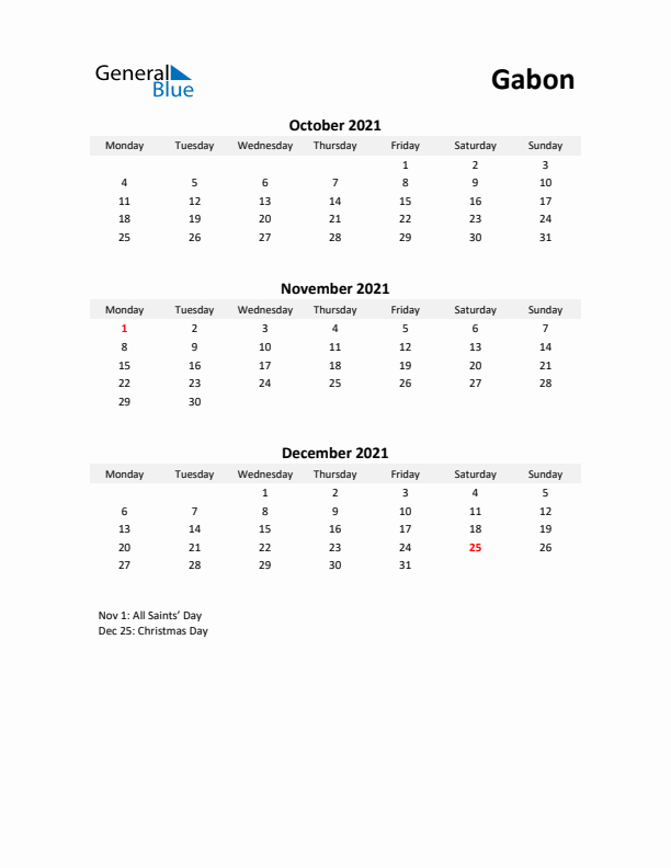 Printable Quarterly Calendar with Notes and Gabon Holidays- Q4 of 2021