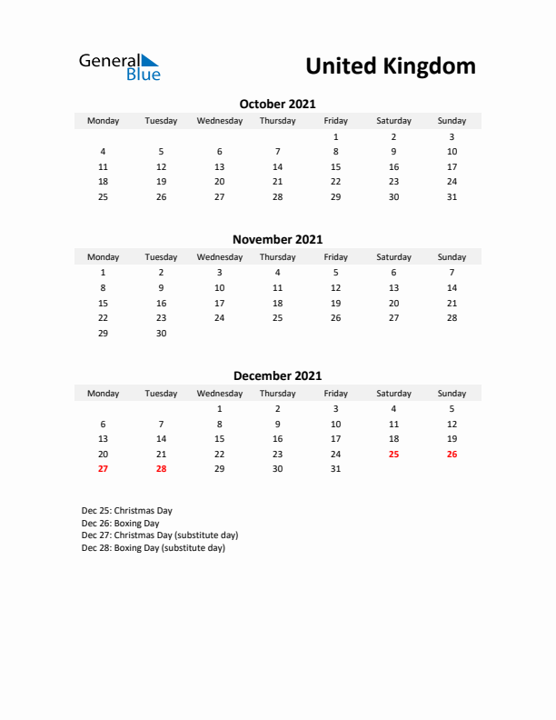 Printable Quarterly Calendar with Notes and United Kingdom Holidays- Q4 of 2021