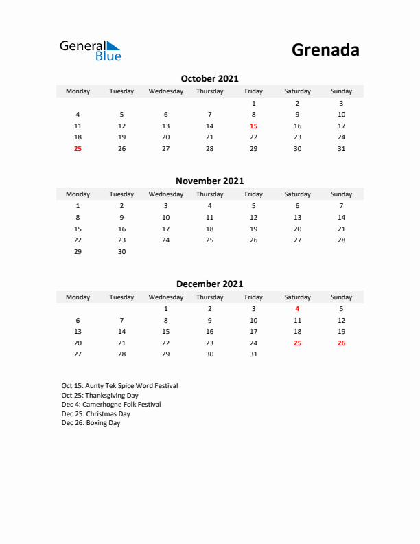 Printable Quarterly Calendar with Notes and Grenada Holidays- Q4 of 2021