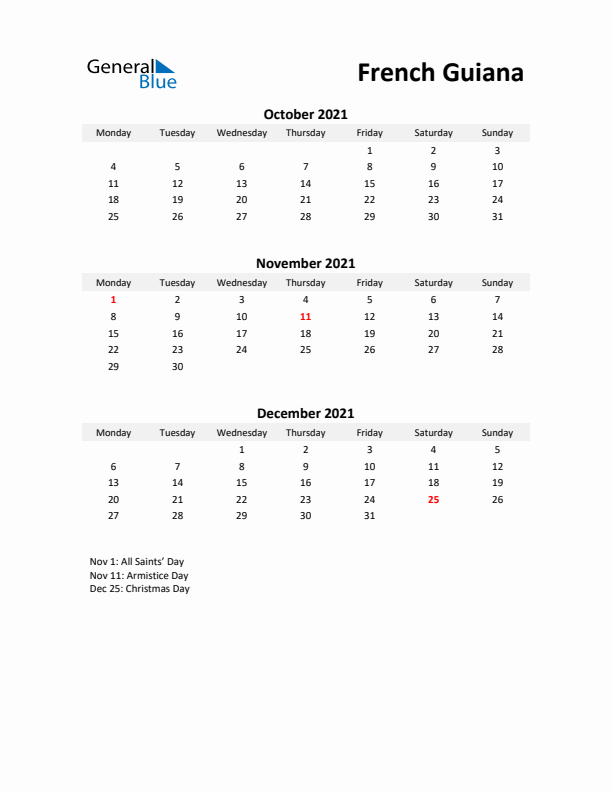 Printable Quarterly Calendar with Notes and French Guiana Holidays- Q4 of 2021