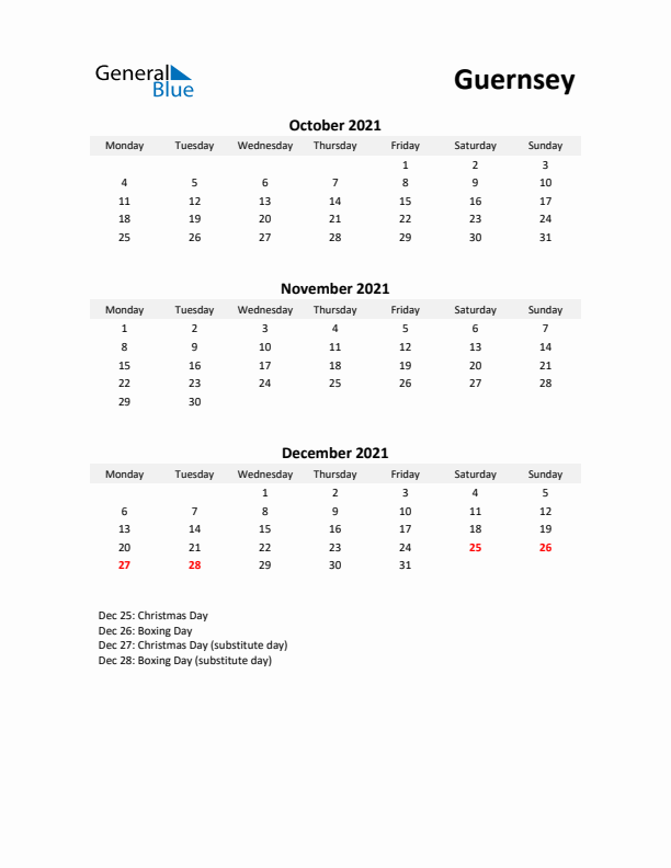 Printable Quarterly Calendar with Notes and Guernsey Holidays- Q4 of 2021