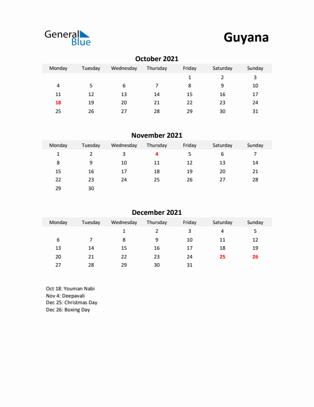 Printable Quarterly Calendar with Notes and Guyana Holidays- Q4 of 2021