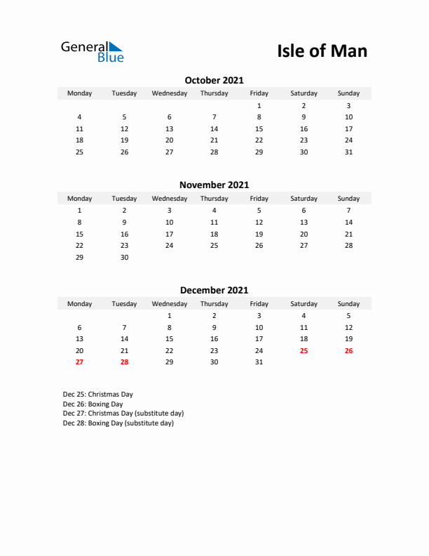 Printable Quarterly Calendar with Notes and Isle of Man Holidays- Q4 of 2021