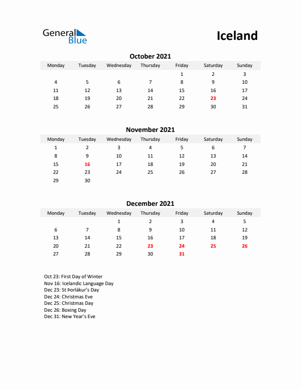 Printable Quarterly Calendar with Notes and Iceland Holidays- Q4 of 2021