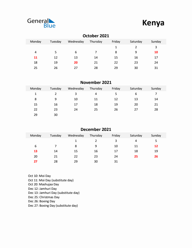 Printable Quarterly Calendar with Notes and Kenya Holidays- Q4 of 2021