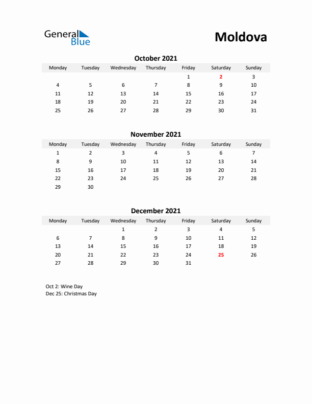 Printable Quarterly Calendar with Notes and Moldova Holidays- Q4 of 2021