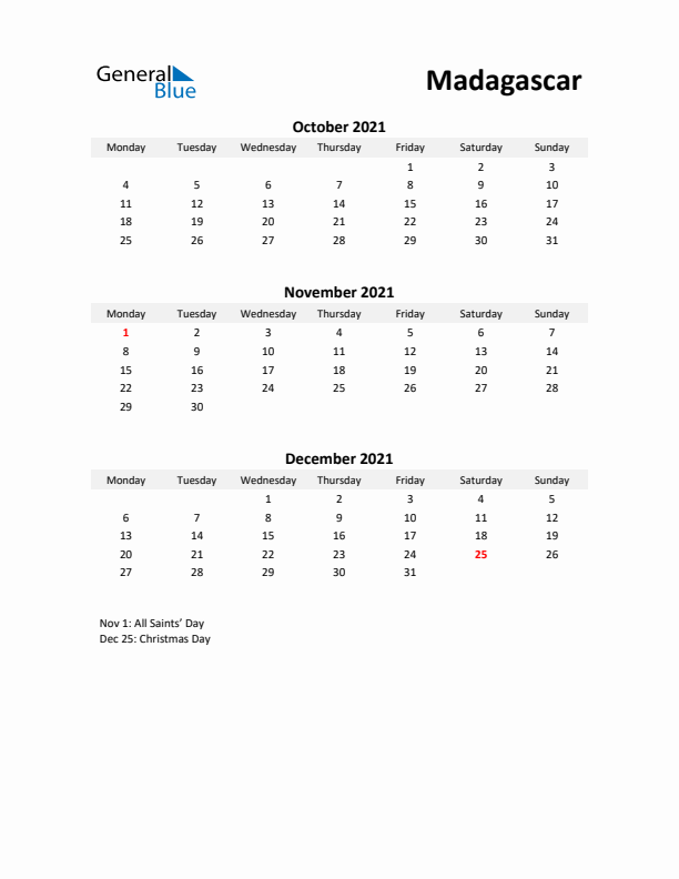 Printable Quarterly Calendar with Notes and Madagascar Holidays- Q4 of 2021