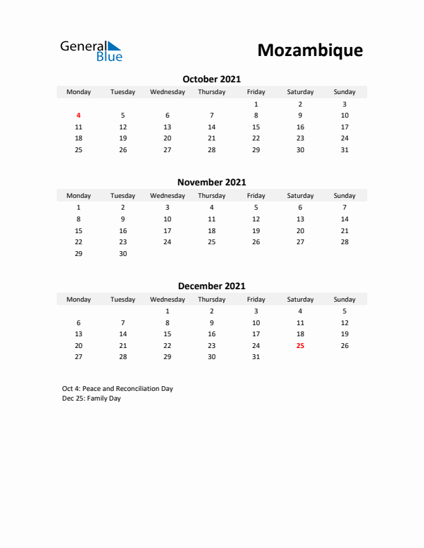 Printable Quarterly Calendar with Notes and Mozambique Holidays- Q4 of 2021